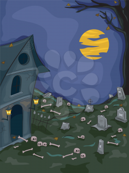Halloween Illustration of an Abandoned Graveyard with Skulls and Bones Lying Around