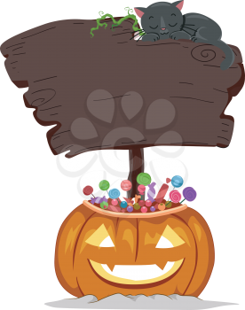 Halloween Illustration of a Blank Signboard Sitting on a Jack-o'-Lantern Filled with Treats