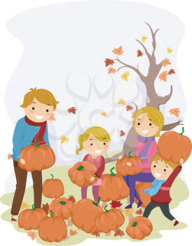 Illustration of a Stickman Family Carrying Pumpkins