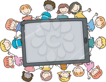 Doodle Illustration of Kids Surrounding a Large Computer Tablet