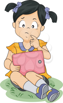Illustration of an Asian Girl Thinking About Something While Holding a Tablet Computer
