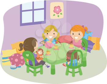 Illustration of LIttle Girls Having a Tea Party