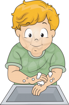 Illustration of a Little Boy Washing His Hands with Soap
