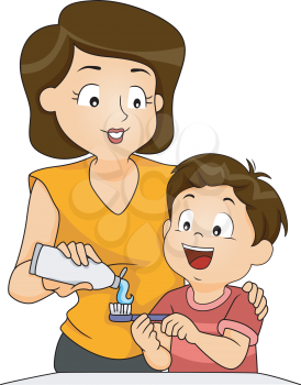 Illustration of a Mother Teaching Her Son How to Brush His Teeth