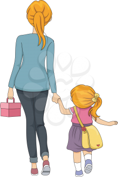 Illustration of a Mother Walking Her Daughter to School