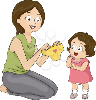 Illustration of a Mother Presenting Her Daughter New Panties in Place of Diapers