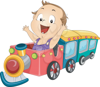 Illustration of a Baby Boy Riding a Toy Train