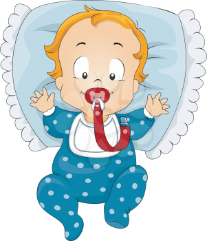 Illustration of a Baby Boy Latching on to a Pacifier Attached to a Clip