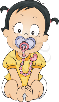 Illustration of a Baby Girl Sucking on a Pacifier Attached to a Clip