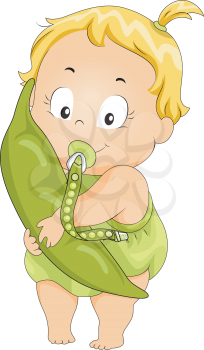 Illustration of a Little Girl Holding a Pea-Shaped Pillow Latching on to a Pacifier Attached to a Clip