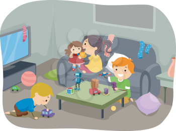 Illustration of a Group of Kids Playing with Their Toys at Home