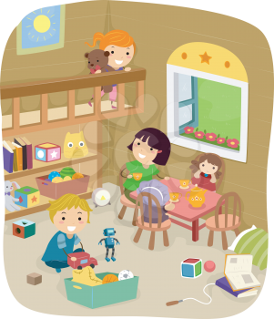 Illustration of a Group of Kids Playing in the Play Room