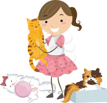 Illustration of a Little Girl Surrounded by Cute and Cuddly Cats