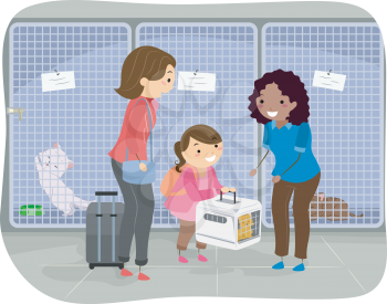 Illustration of a Girl and Her Mom Handing Over a Cat in a Cattery