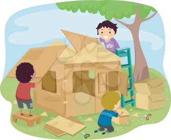 Illustration of Little Boys Building a Playhouse Made of Carton