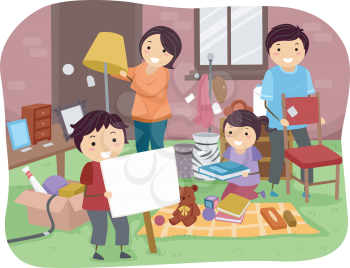 Illustration of a Family Sorting Items for a Garage Sale