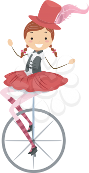 Illustration of a Female Circus Performer Riding a Unicycle
