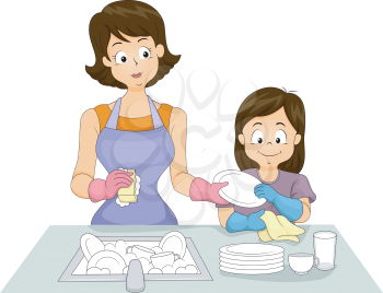 Illustration of a Mom and Her Daughter Washing Dishes Together