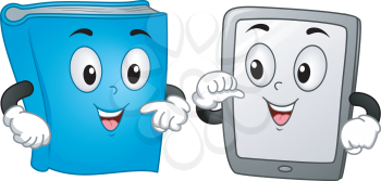 Mascot Illustration Featuring a Book and a Computer Tablet Standing Side by Side