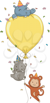 Illustration of Cute Jungle Animals Holding on to a Big Party Balloon with space for text