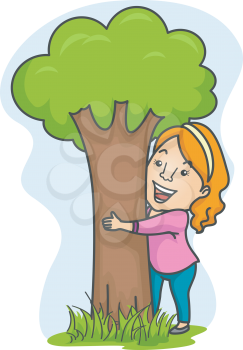 Illustration of a Smiling Girl Hugging a Tree