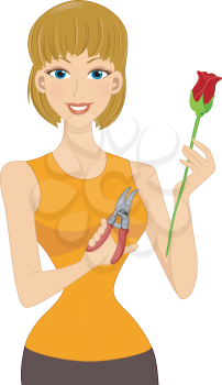 Illustration of a Girl Holding a Rose Cutter in One Hand and a Long Stemmed Rose in the Other