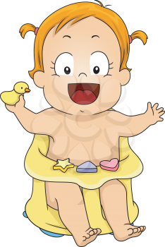 Illustration of a Baby Girl Sitting on a Bath Seat
