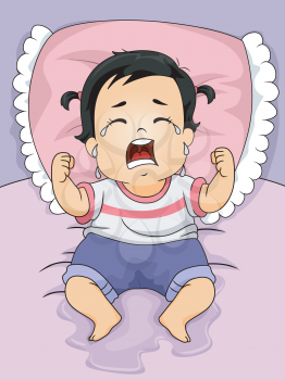 Illustration of a Baby Girl Crying Out Loud After Wetting the Bed