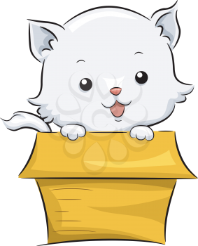Illustration of a Cute White Cat Sitting in an Adoption Box