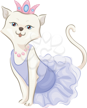 Illustration of a Cute Cat Wearing a Frilly Dress and a Tiara
