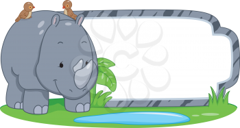 Illustration of a Ready to Print Label Featuring a Cute Rhino Standing Beside a Patch of Grass and a Puddle of Water