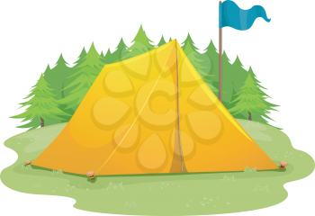 Illustration of a Blue Flag Standing Beside a Camping Tent/