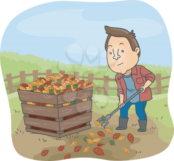 Illustration of a Man Dumping Dry Leaves in a Compost Bin