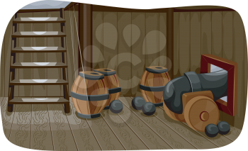 Illlustration Featuring a Gun Deck Used to Store Cannonballs, Barrels of Gunpowder, and a Cannon