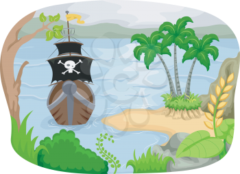 Illustration of a Pirate Ship Approaching an Island