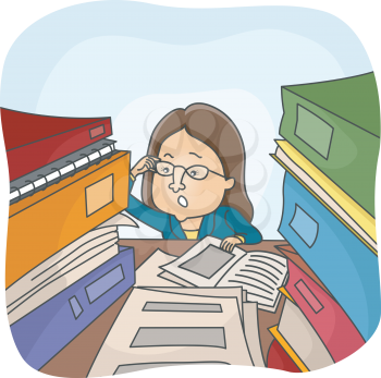 Illustration of a Woman Rummaging Through Stacks of Files