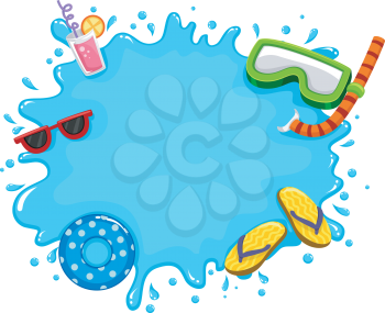 Frame Illustration Featuring Water Splashing on the Screen Along with Common Items Used During the Summer