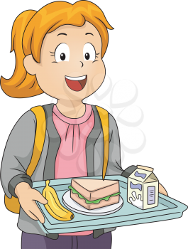 Illustration of a Litte Girl in a Cafeteria Carrying a Tray Holding Her Lunch