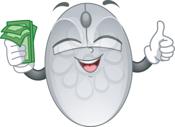 Mascot Illustration Featuring a Computer Mouse Holding Cash in One Hand and Doing a Thumbs Up with the Other