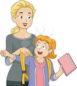Illustration of a Mother Helping Her Daughter Put on Her Schoolbag