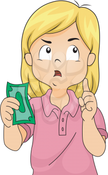 Illustration of a Girl Thinking to Herself While Holding a Paper Bill