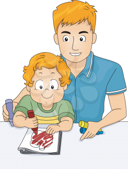 Illustration of a Father Helping His Son Color a Coloring Book