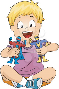 Illustration of a Boy Simulating a Fight Between His Toys
