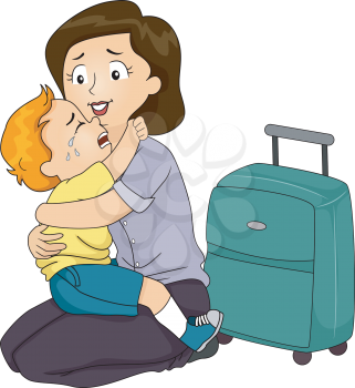 Illustration of a Boy Clinging to His Mother Who is About to Leave