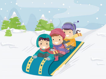 Illustration of Kids Riding on a Snow Sled