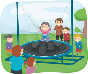 Illustration of Kids Playing with a Trampoline