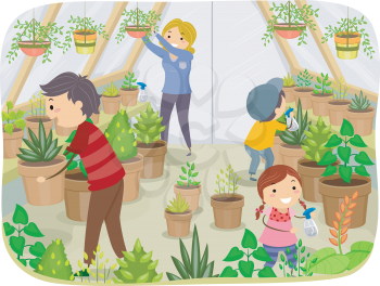 Illustration of a Family Working on Their Greenhouse