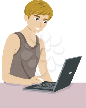 Illustration of a Male Teenager Typing Away on His Laptop