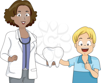 Illustration of a Dentist Presenting a Large Tooth to a Boy
