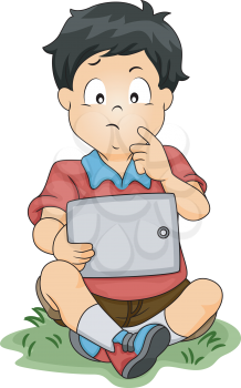 Illustration of a Little Boy Thinking About Something While Looking at a Tablet